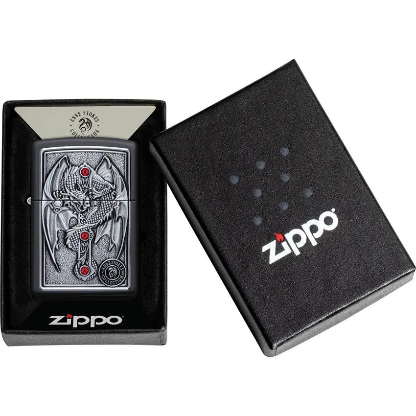 Zippo Winged Dragon Cross Lighter - Licensed Anne Stokes Black Matte Finish With Jewelled Emblem by Zippo