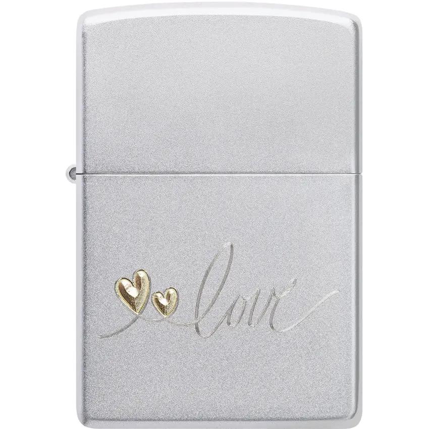 Zippo Love Design Lighter Satin Chrome Finish Romantic Motif Premium Valentines Gift For Him And Her by Zippo
