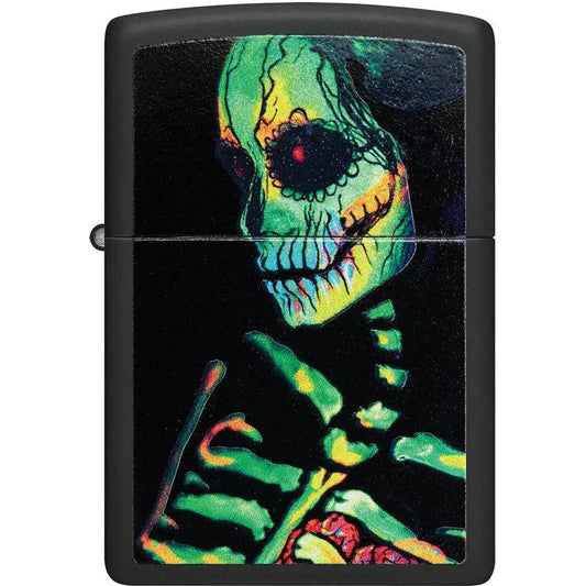 Zippo Sugar Skeleton Lighter 48761 Black Matte Finish With Light Sensitive Flame Design For Halloween Fans by Zippo