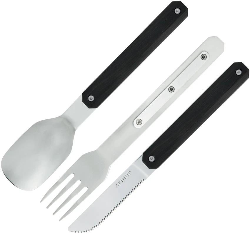 Akinod Magnetic Cutlery Set 3 Piece Spoon Fork Knife Micro Serrated With Ebony Wood Handle Premium Boxed For Travel by Akinod
