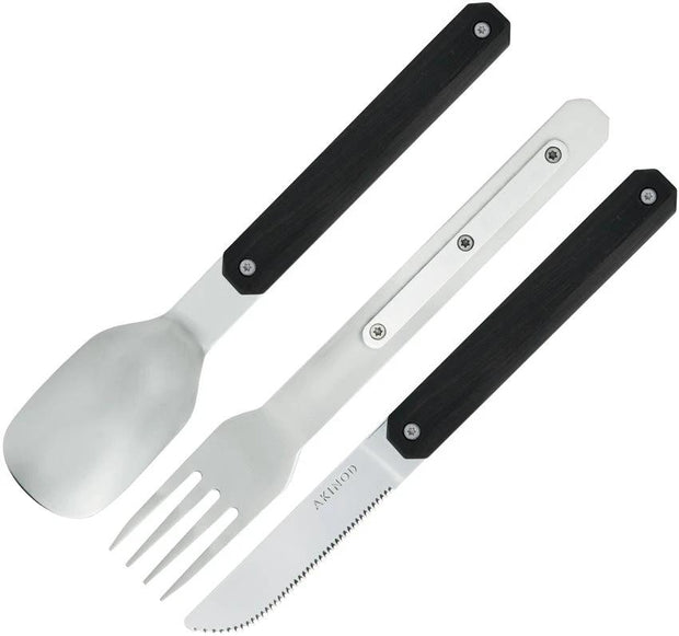 Akinod Magnetic Cutlery Set 3 Piece Spoon Fork Knife Micro Serrated With Ebony Wood Handle Premium Boxed For Travel by Akinod