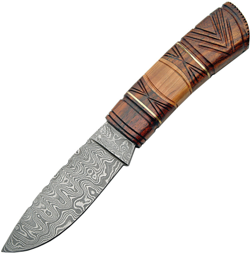 Damascus Fixed Blade Carved Wood Handle DM1083