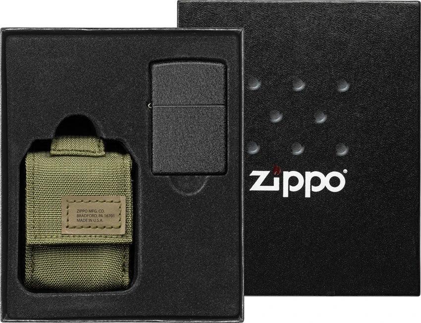 Zippo Black Crackle® Lighter with MOLLE Green Tactical Pouch by Zippo